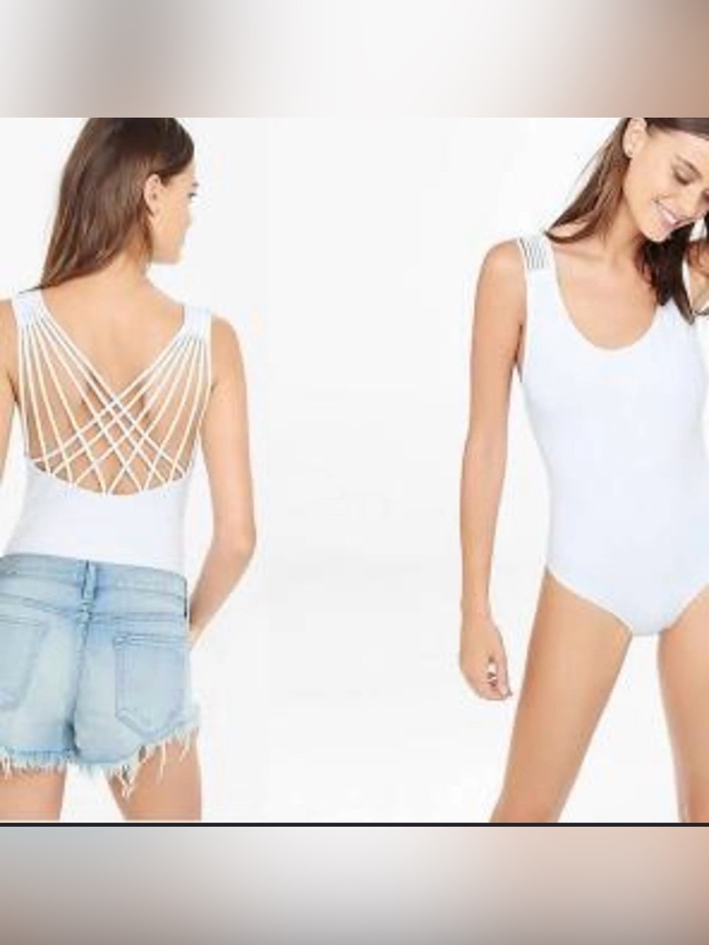 Vintage Express Strappy Back Scoop Neck Bandeau Bodysuit - White